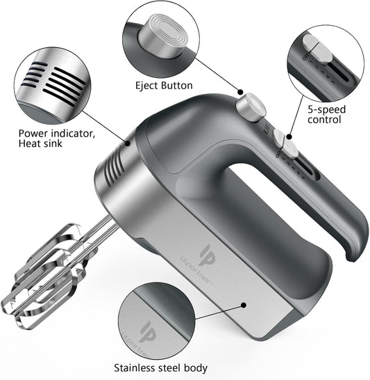 Hand Mixer Electric, 450W Kitchen Mixers with Scale Cup Storage Case, Turbo Boost/Self-Control Speed + 5 Speed + Eject Button + 5 Stainless Steel Accessories, For Easy Whipping Dough,Cream, Cake