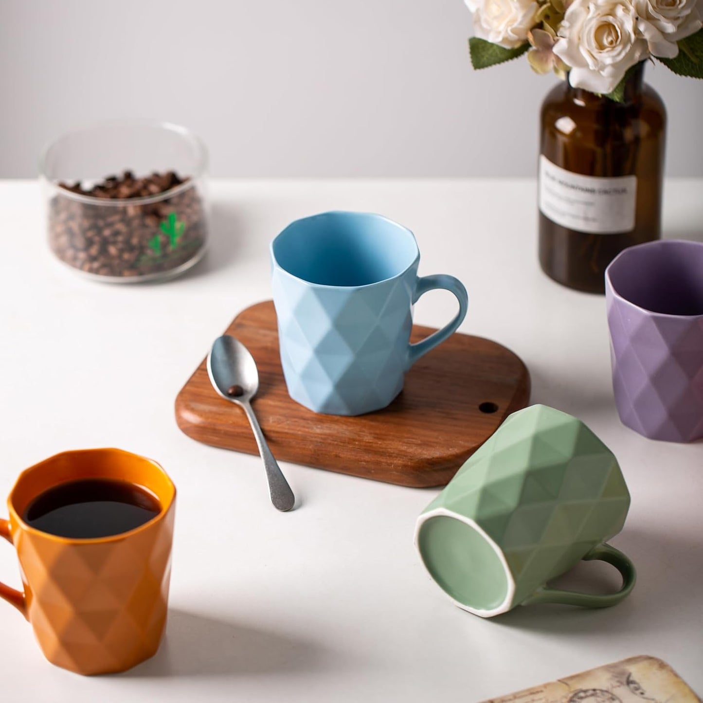 11 Ounce Porcelain Mugs, Set of 6, Tea and Cocoa Mug Set, Blue, Matte