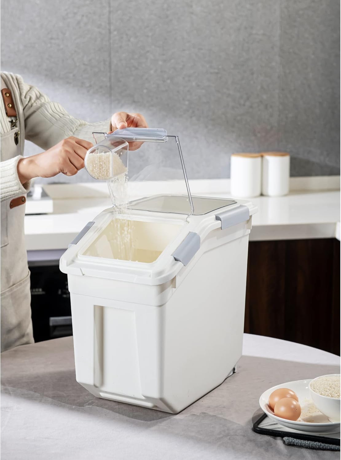 HANAMYA 25 Liter / 40 lbs Rice Storage Container with Measuring Cup, BPA free, For Rice | Grain | Pet Food | Flour, 2 count, White