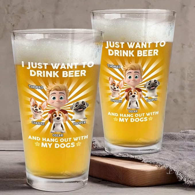 Wrappiness Dog Dad Personalized Beer Glass - I Just Want To Drink Beer and Hang out With My Dog, Cute Cup for Men Pet Lovers, Custom Chibi Art and Breeds, Fathers Day Birthday Gifts for Him