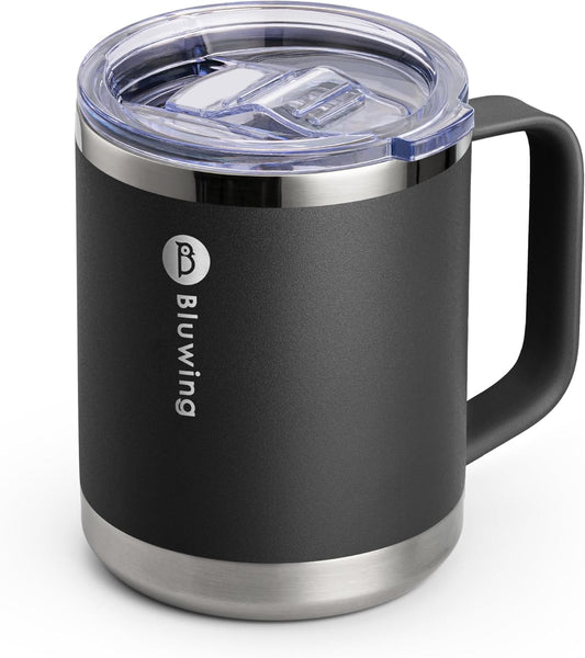 Insulated Coffee Mug with Handle-12 oz Travel Coffee Mug with Lid Double Wall Stainless Steel Travel Tumbler Cup for Camping, Office, Home (Black)