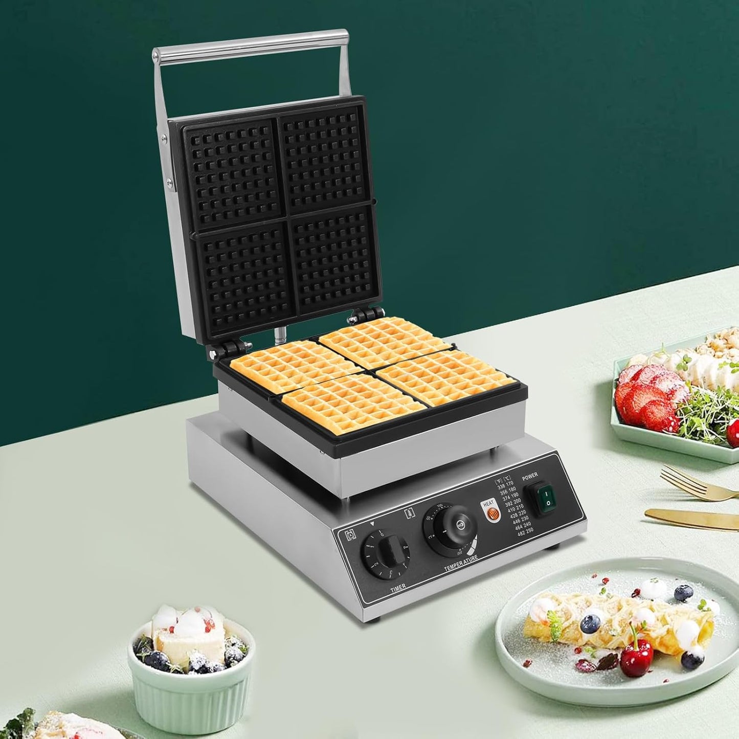 Commercial Waffle Maker, 1750W Electric Waffle Bowl Maker, Stainless Steel Waffle Making Machine with 4 Molds & Practical Handle for Restaurant Bakery Snack Bar Family