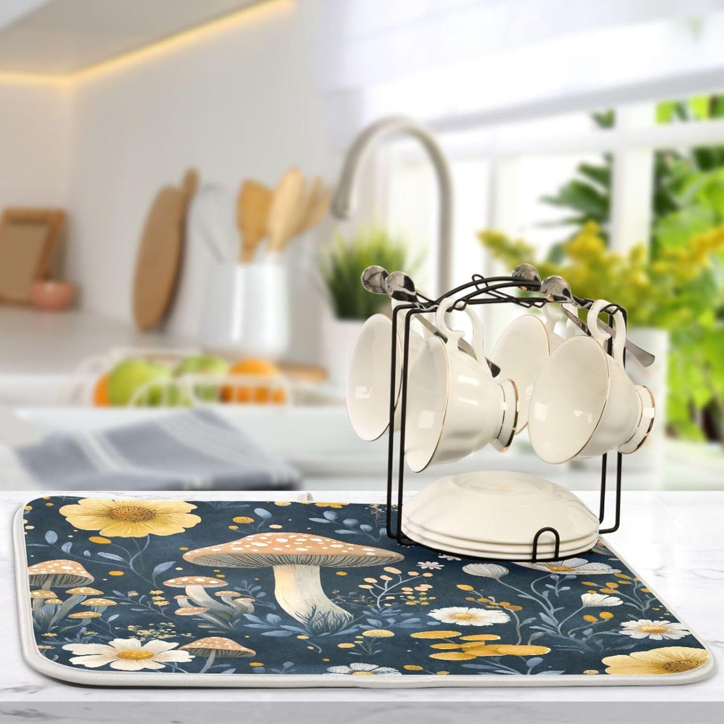 Wildflowers and Mushrooms Dish Drying Mat for Kitchen Counter Super Absorbent Dishes Pad Reversible Microfiber Protector Dish Draining Mats 16x18 inch