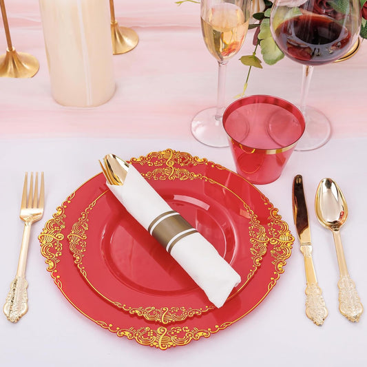 Nervure 175PCS Red Plastic Plates - Disposable Red Gold Party Plates & Pre Rolled Napkins with Cutlery for 25 Guests, 50Plates, 75Silverware, 25Cups, 25Napkin for Wedding & Party & Independence