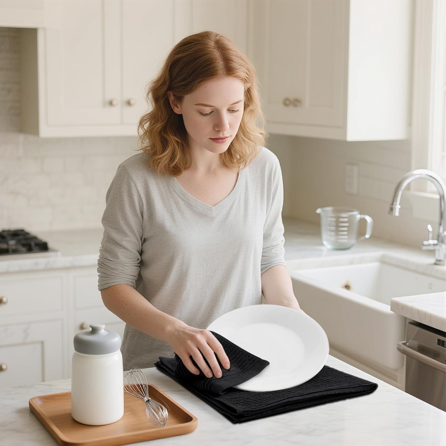 Homaxy Premium Kitchen Towels (18"x 28", 8 Pack), Large 100% Cotton Kitchen Hand Towels, Ultra Absorbent Ribbed Terry Tea Towels Set with Hanging Loop, Black