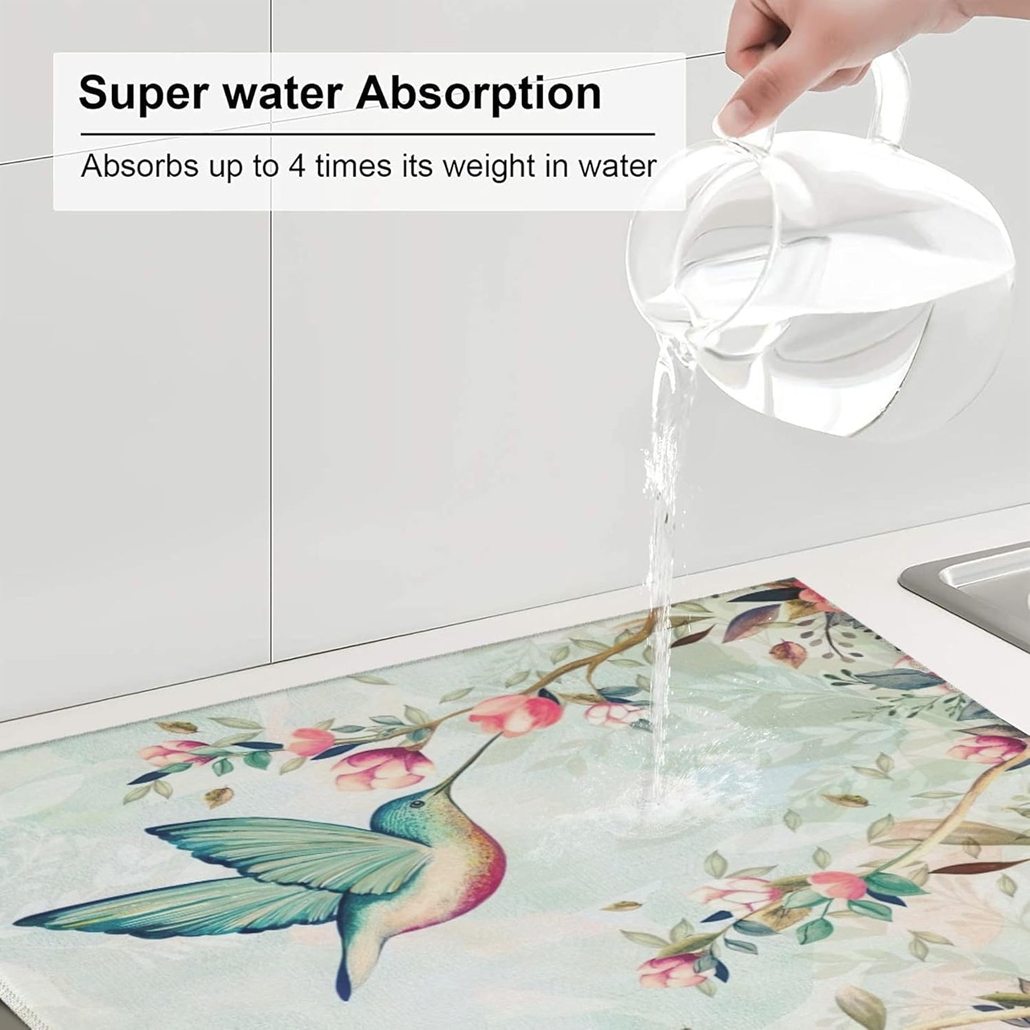 Hummingbird Flowers Dish Drying Mat 16x18 Inch, Microfiber Absorbent Fast Dry Mat Large Dish Mat Drying Kitchen Mat, Kitchen Drying Pad for Kitchen Counter Coffee Bar Decor Gifts