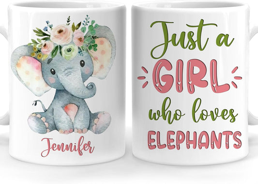 Hyturtle Personalized Gifts Elephant Lover - Just A Girl Who Loves Elephants Custom Name Ceramic Coffee Mug Cup 11oz - Idea Cute Animal Lover Gifts For Women, Girl Daughter On Birthday, Christmas