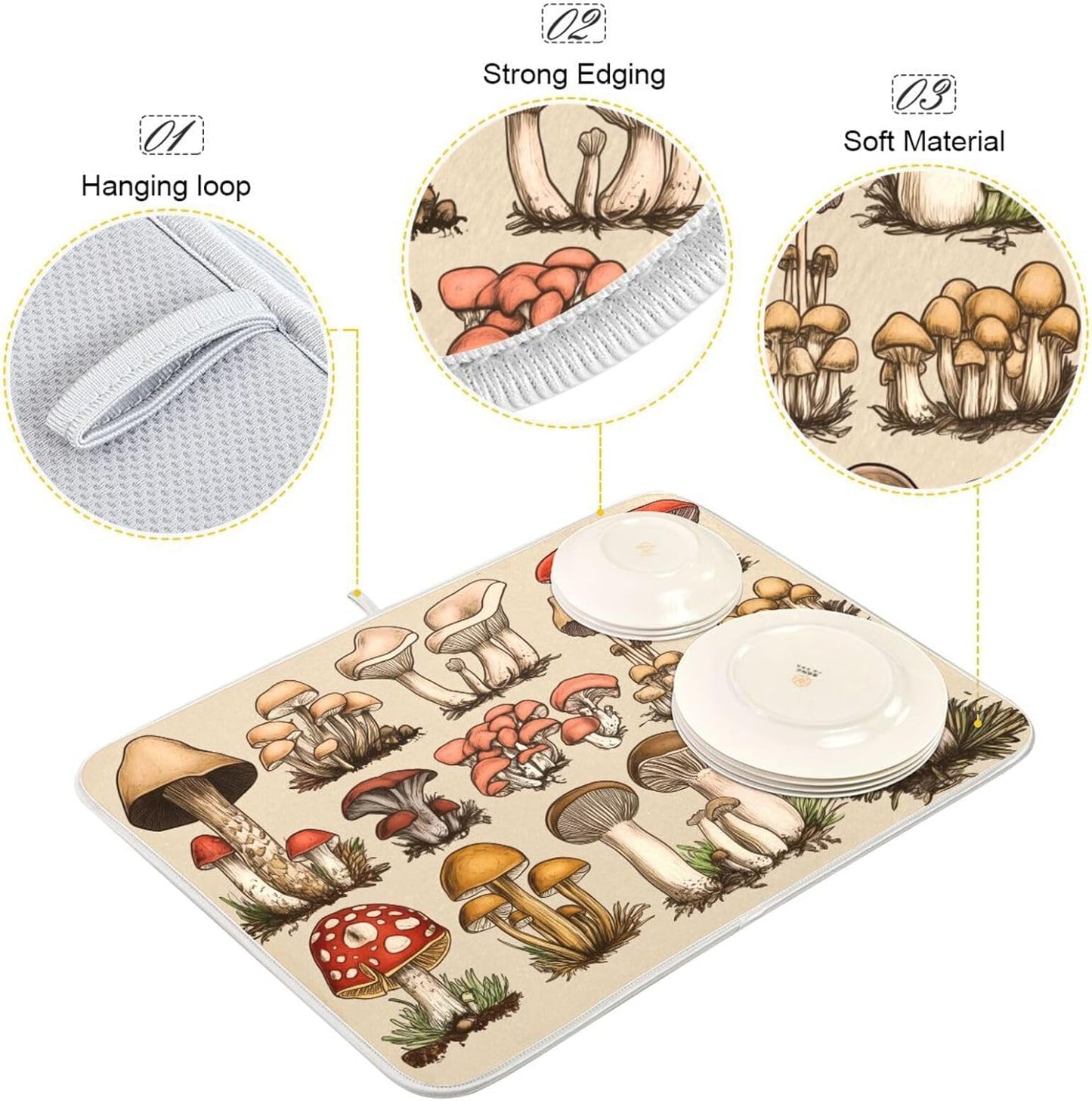 Retro Types and Shapes Mushrooms Dish Drying Mat for Kitchen Counter Super Absorbent Dishes Pad Reversible Microfiber Protector Dish Draining Mats 16x18 inch