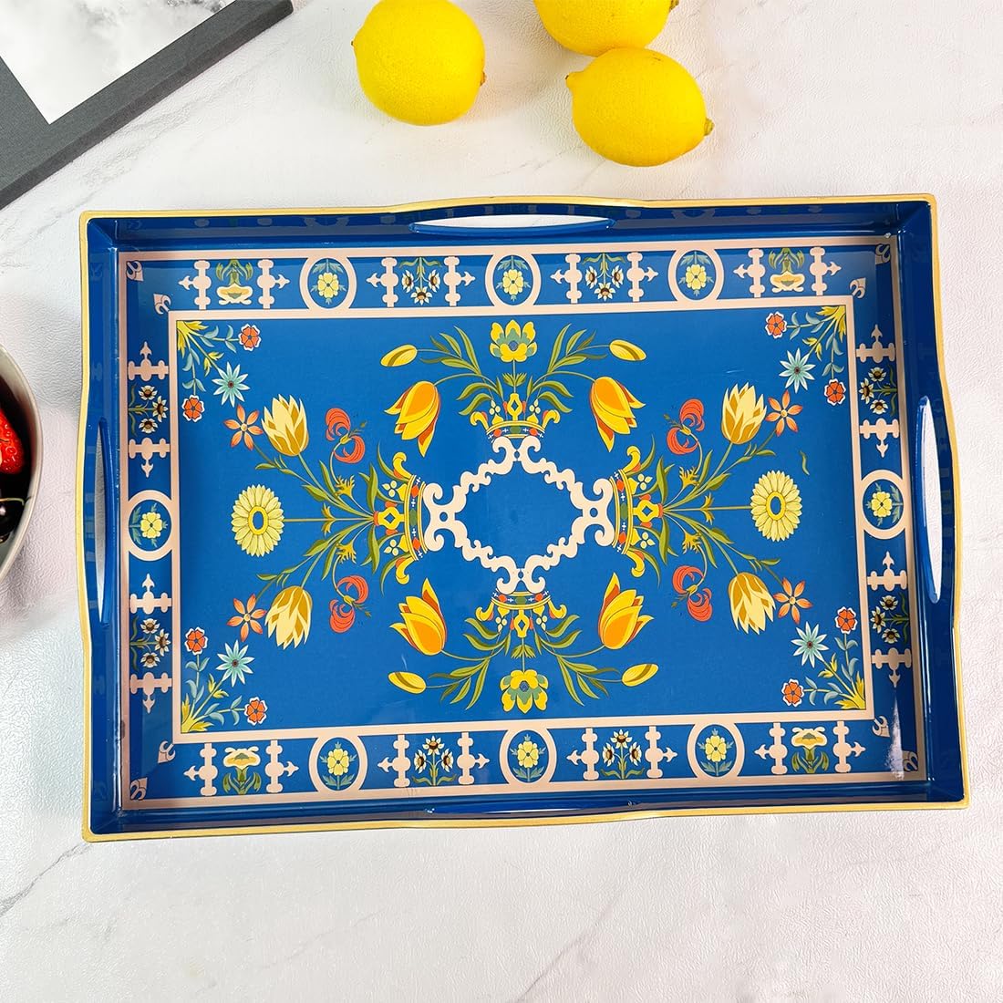 Boho Blue Decorative Tray, Serving Tray with 4 Handles, Plastic Tray for Coffee Table, Ottoman - Ideal for Living Room & Bathroom. 15” x 11” x 1.9”