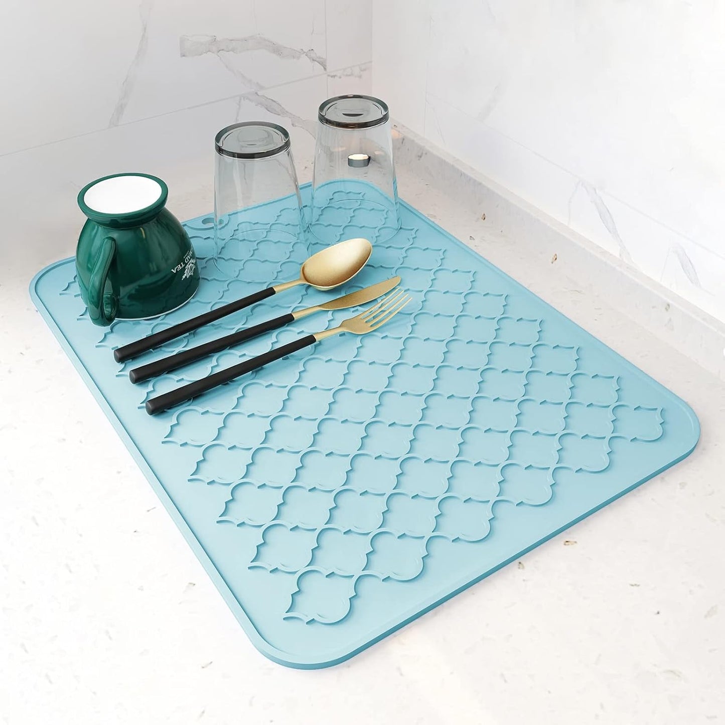 AMOAMI Dish Drying Mat,Heat-resistant,Easy Clean,Silicone Dish Drying Mats for kitchen Counter,Kitchen Gadgets Kitchen Accessories Kitchen Small Appliances (12" x 16", LIGHT BLUE)