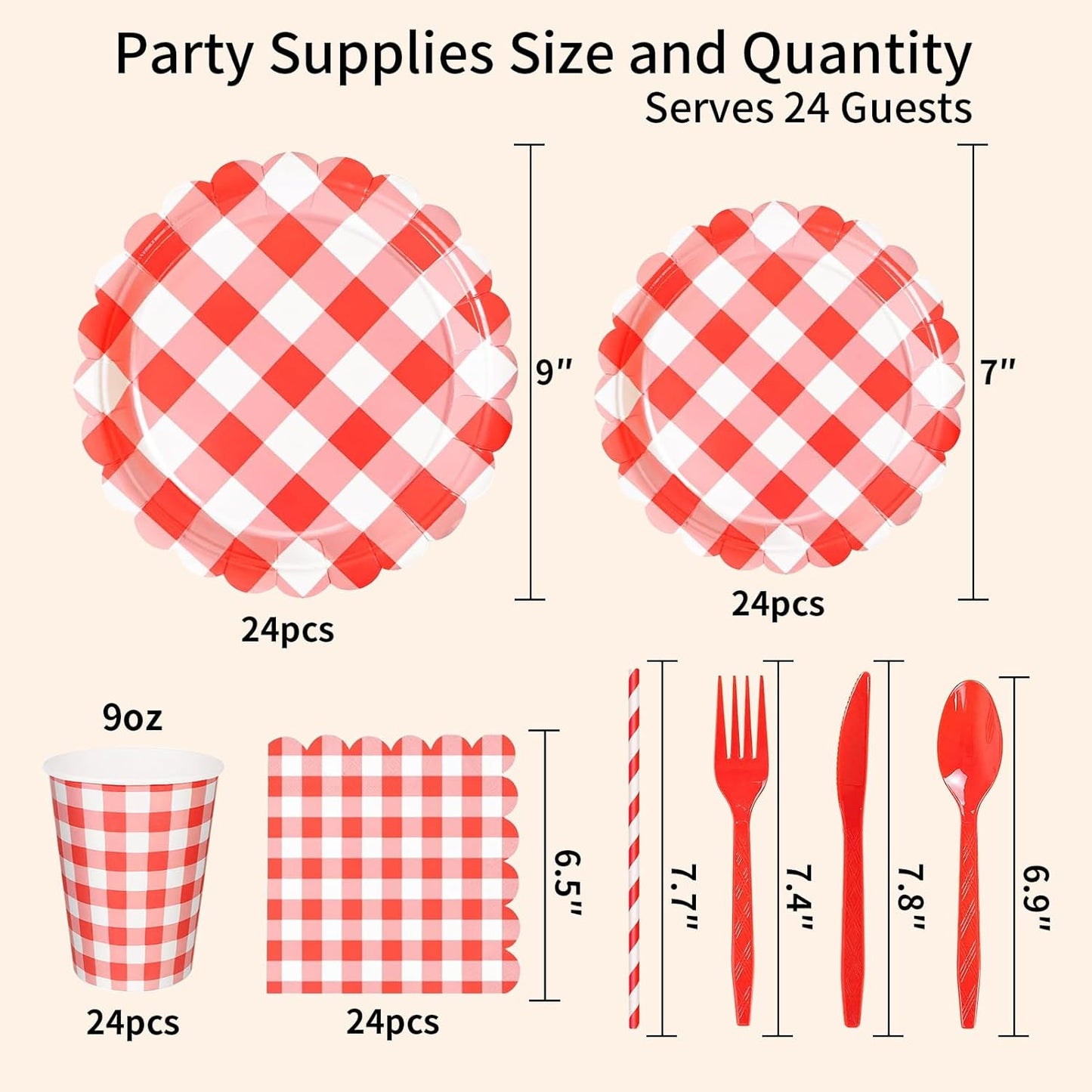 192 PCS Gingham Party Supplies Serve 24 Guests Gingham Plates and Napkins and Cups for Birthday Decorations Baby Shower Checkered Party Dinnerware Sets for Girl Boy Light Red Christmas