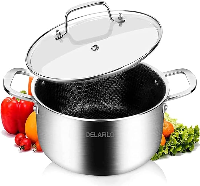 DELARLO Tri-Ply Stainless Steel Stock Pot, 5QT Non Stick Pots, Induction Ready, Cooking Pots with Lids, Stockpot 600℉ Oven Safe, 18/8 Food Grade Cookware, Soup Pot, Energy Saving, Lids 350℉