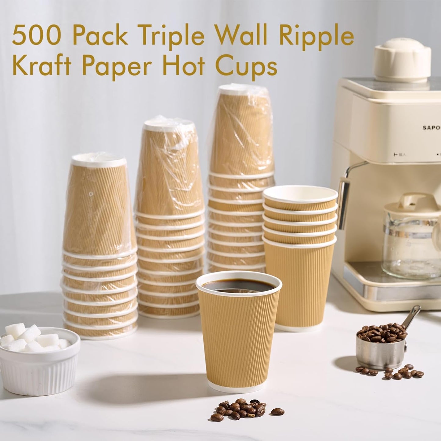 500 Pack 12 oz Coffee Cups, Insulated Ripple Wall Hot Coffee Cups for Home, Office, Hotel, Meetings, Parties