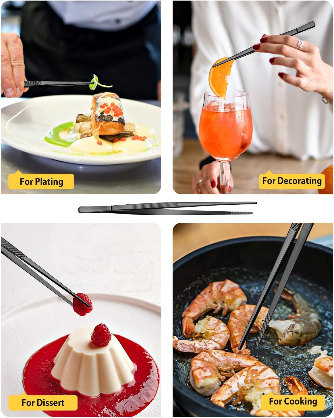 2 Pcs 10-Inch Kitchen Tweezers Fine Tweezer Tongs, Stainless Steel Professional Long Cooking Tweezers for BBQ, Sea Food, Repairing and Serving (BLACK)