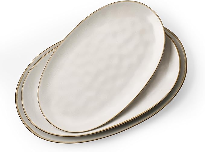 famiware Serving Platter, Oval 15.59/14.3/12.9inch Serving Dishes for Entertaining, Serving Bowls, Dishwasher Safe, Stoneware Serving Trays for Party, Food, Turkey, Cheese, Reactive Glaze, Matte White