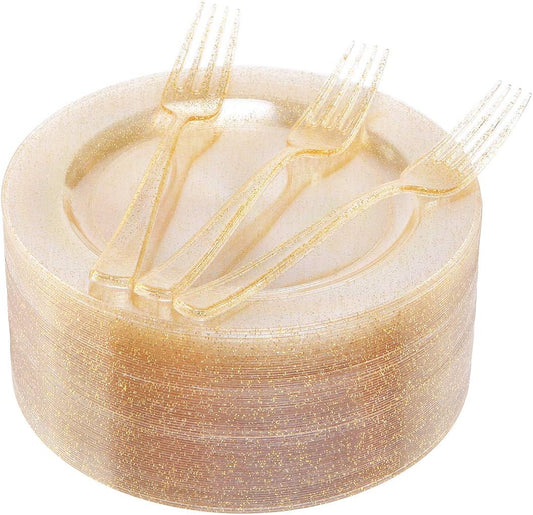 I00000 72 Pieces Plastic Dessert Plates 7.5" & 72 Pieces Gold Disposable Forks 7.4" with Gold Glitter, Gold Disposable Plates, Plastic Salad Plates for Thanksgiving