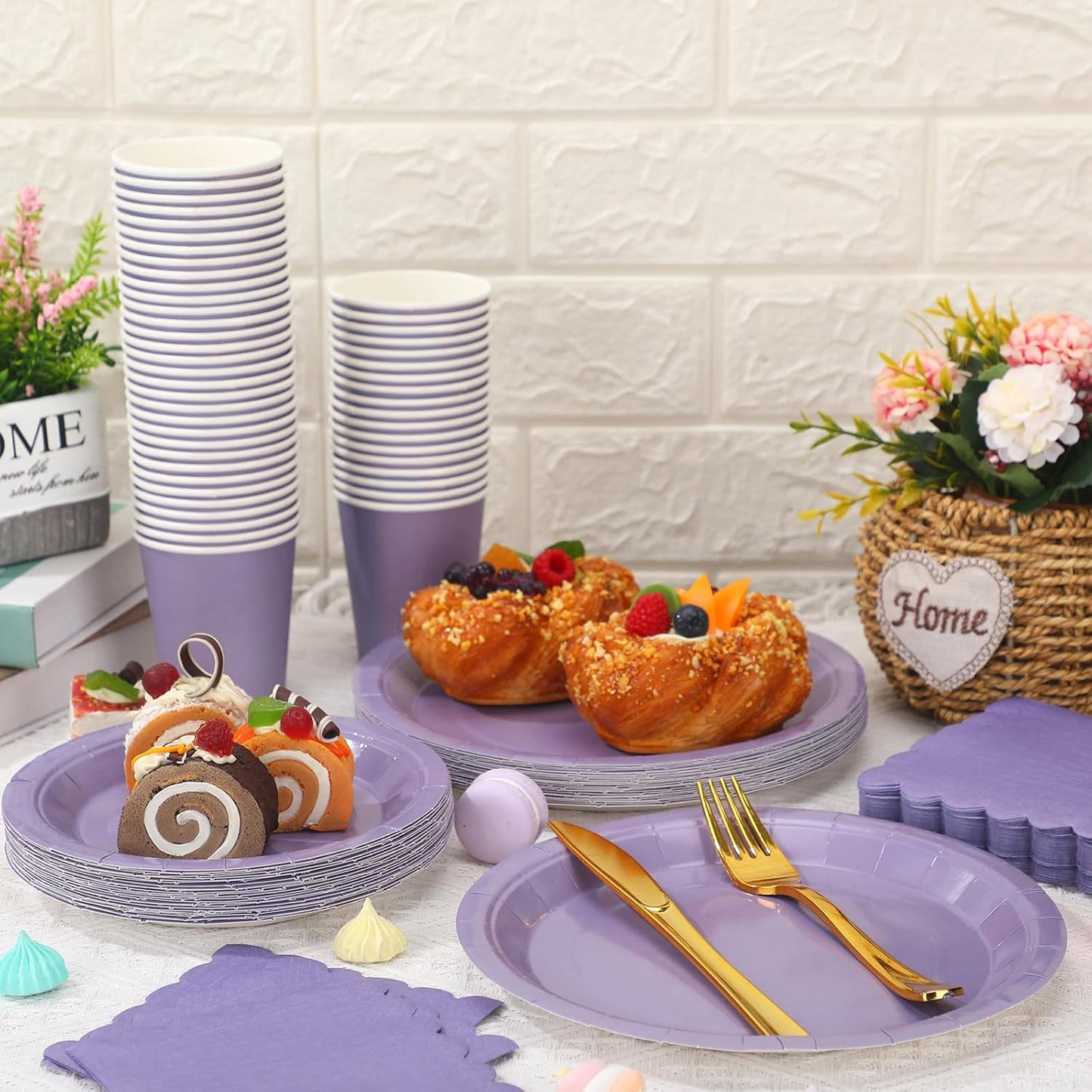 150 Pcs Disposable Party Dinnerware Supplies Set Includes 7'' 9'' Disposable Paper Plates 9oz Paper Cups Scalloped Cocktail Napkins for Baby Shower Birthday Wedding(Light Purple)