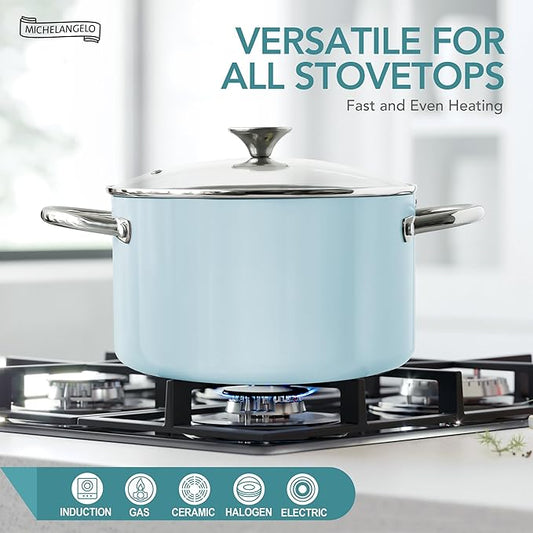 MICHELANGELO Stock Pot with Lid, 6 Quart Cooking Pot with Ceramic Coating, Nonstick Ceramic Soup Pot with Lid, Induction Compatible - 6QT Stockpot, Blue