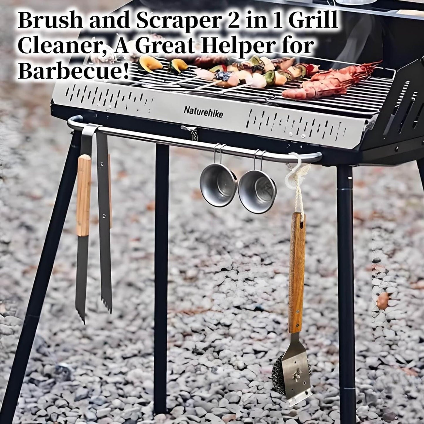 Grill Brush and Scraper for Barbecue – Safe Bristle Free Stainless Steel BBQ Cleaner with Heavy Duty Scrubber Pad, Grill Accessories Steel Wool Scrubbers for Porcelain Gas Charcoal Grill
