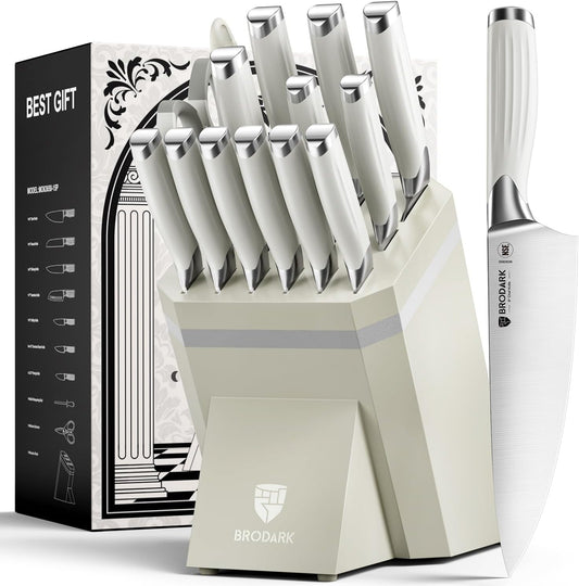 BRODARK Kitchen Knife Set with Block and Sharpening Rod, 15-Piece Full Tang German Stainless Steel Knife Block Set with Ergonomic Roman Handle, White, Ultra Sharp & Rust Resistant, Premium Gift Box