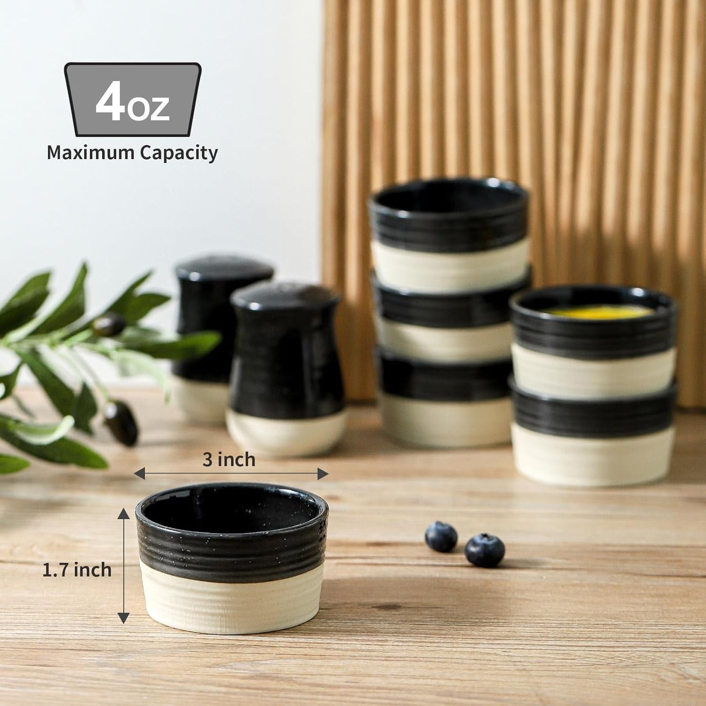 Ramekins 4 OZ Oven Safe,Set of 6 Ceramic Creme Brulee Ramekins,Mini Dessert Bowls for Souffle,Dipping Sauce,Ice Cream,Pudding and Charcuterie,Microwave & Oven Safe,Patchwork Black