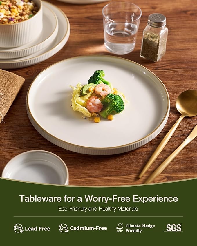 Famiware Star Dinnerware Set with Pasta Bowls, Service for 6 (24 Pieces), Ribbed Stoneware Plates and Double Bowls Sets with Trim - Chip & Scratch Resistant, Microwave & Dishwasher Safe Dishes, White