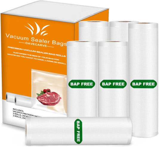 Premium Vacuum Sealer Bags, 3 Rolls 8" x 16.4' & 3 Rolls 11" x 16.4', Commercial Grade BPA-Free Heavy-Duty Food Vacuum Sealer Saver Rolls for Sous Vide or Meal Prep, Freezer Storage, Fits All Sealers