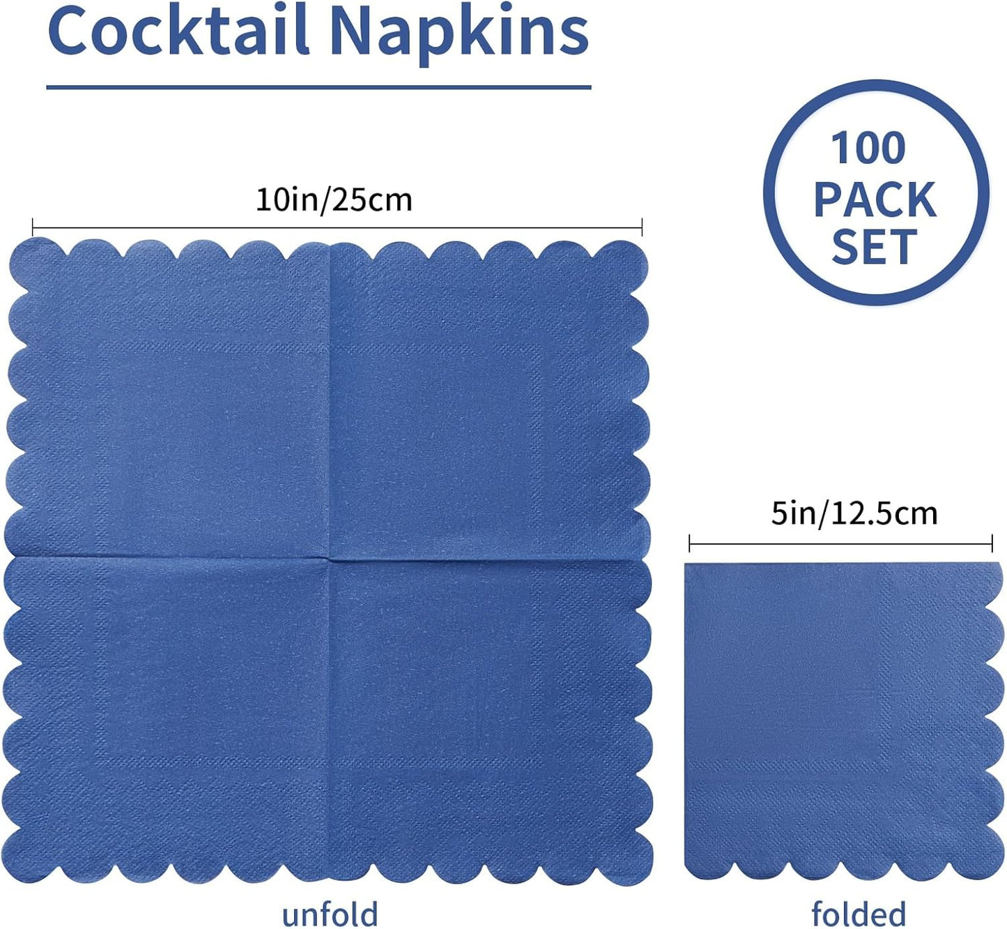 100 Pack Cocktail Napkin 2-Ply Scalloped Edged Dessert Napkins Folded 5 x 5 Inches Disposable Napkins for Dinner Wedding Birthday Party Bridal Anniversary Reception Event (Navy Blue)