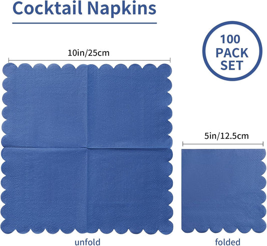 100 Pack Cocktail Napkin 2-Ply Scalloped Edged Dessert Napkins Folded 5 x 5 Inches Disposable Napkins for Dinner Wedding Birthday Party Bridal Anniversary Reception Event (Navy Blue)