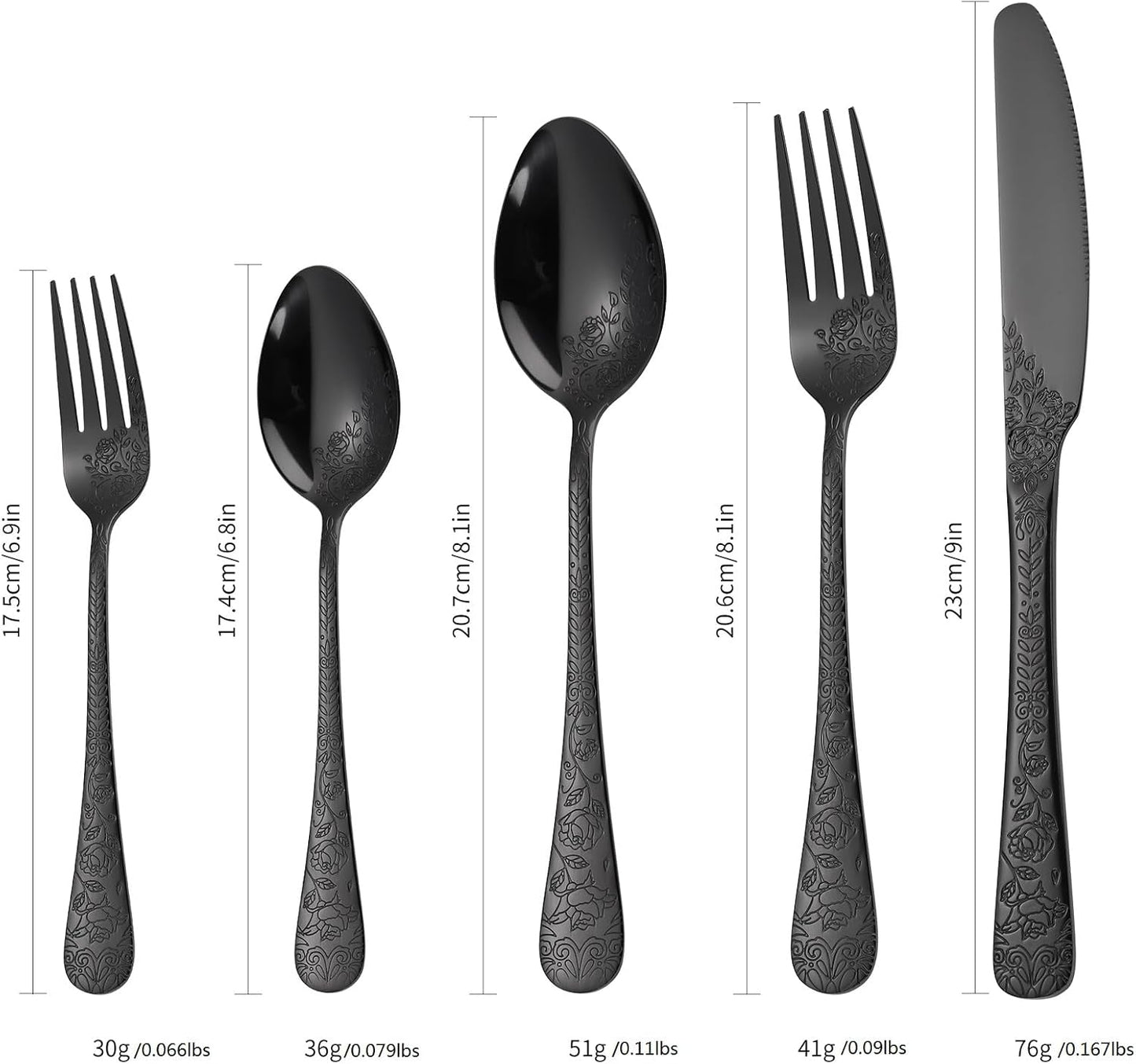 Floral Flatware Set Black for 6 Stainless Steel Silverware 30 Piece Cutlery Unique Eating Utensils Tableware Stylish Fork Spoon Knife With Embossing Rose Flower Handle Festival Parties
