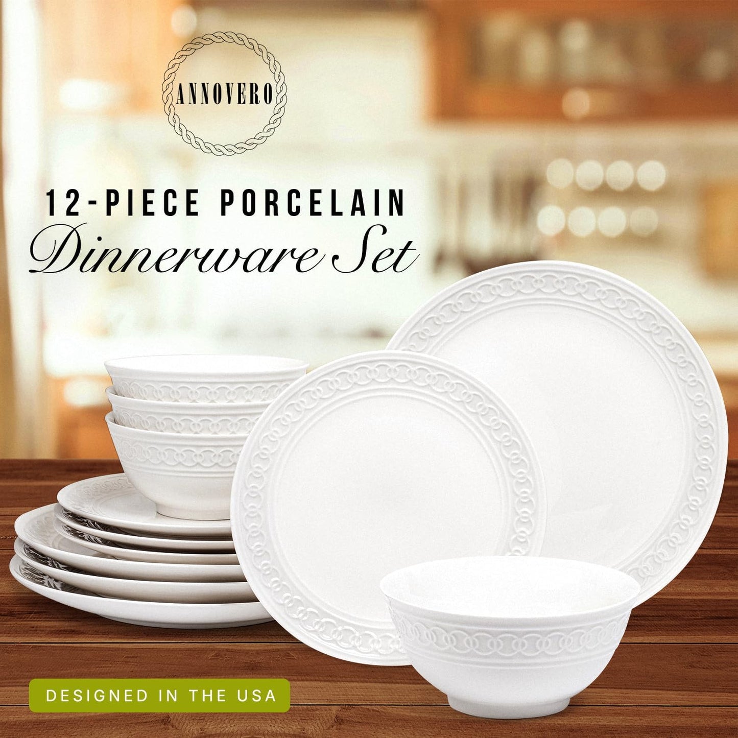 Annovero Plates and Bowls Sets - Dishes Set for 4 - Microwave Safe - 12 Piece Porcelain Dinnerware for Kitchen - Includes 4 Dinner & 4 Appetizer Plates, 4 Cereal Bowls - Zero Lead & Cadmium
