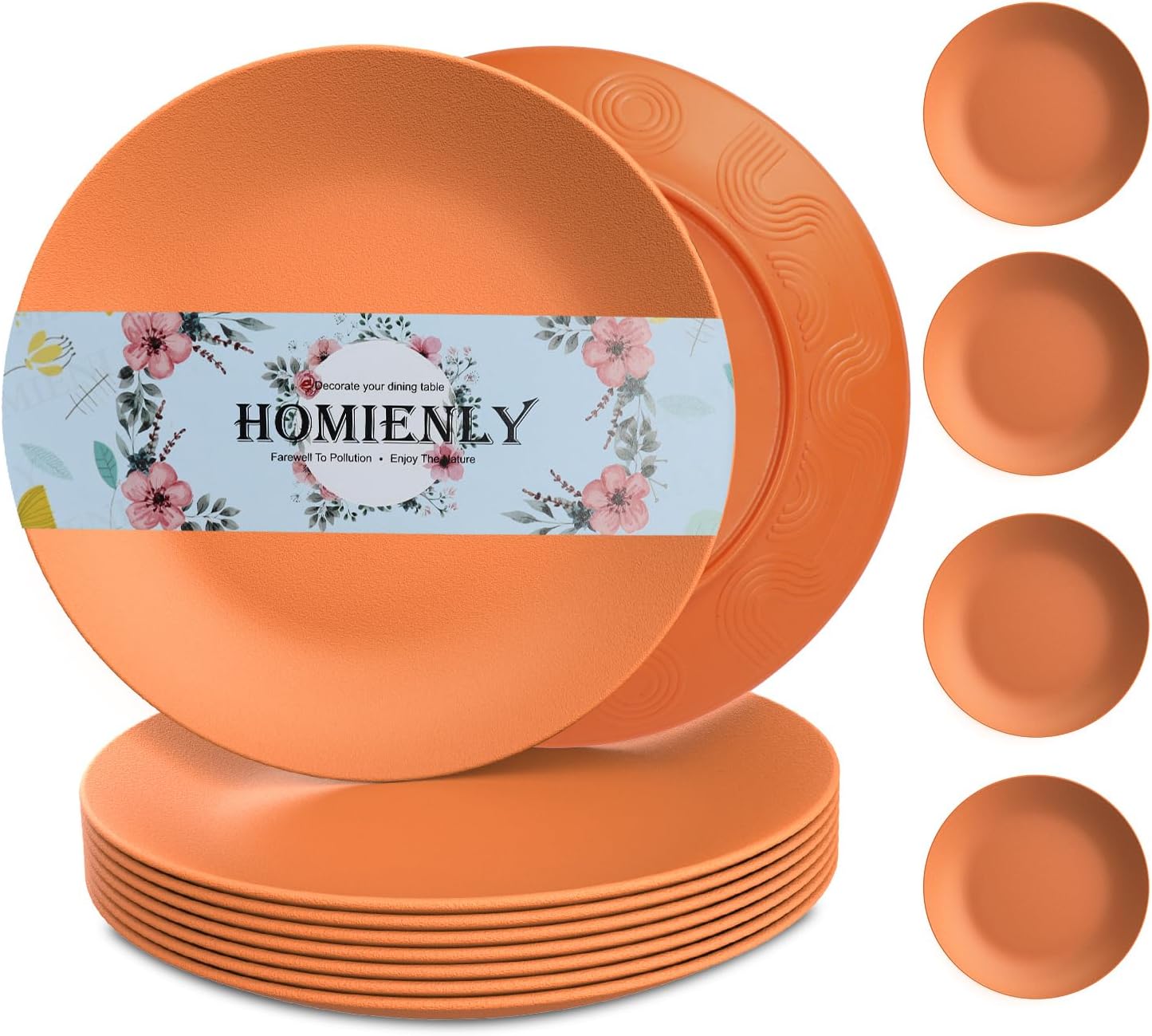 Homienly Flat Dinner Plates Set of 8 Alternative for Plastic Plates Microwave and Dishwasher Safe Wheat Straw Plates for Kitchen Unbreakable Kids Plates(Orange, 10 inch)