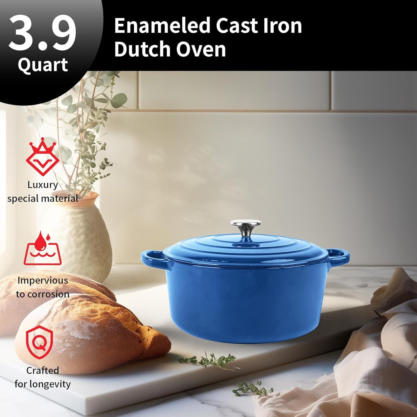 Enameled Cast Iron Dutch Oven Pot with Lid, 3.9 Quart Dutch Oven for Bread Baking, Oven Safe up to 500° F, Suitable for Bread Baking, Braising, Roasting, Stews, Blue