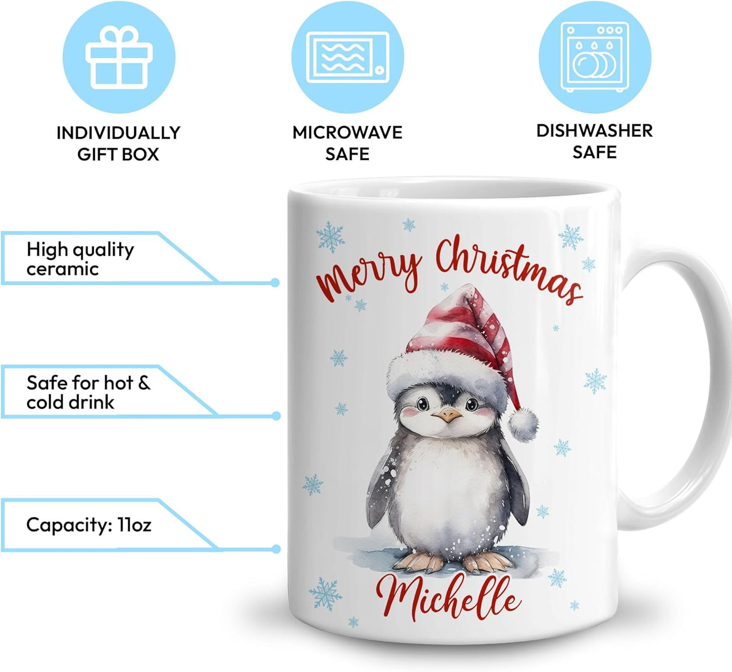 Hyturtle Personalized Gifts Penguin Lover - Merry Christmas Customized Name Ceramic Coffee Mug Cup 11oz - Cute Sea Animal Lovers Gifts For Women, Girl kids Family On Birthday, Christmas