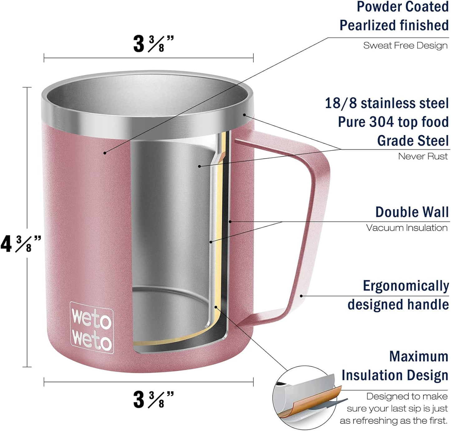 WETOWETO 14 oz Coffee Mug, Vacuum Insulated Camping Mug with Lid, Double Wall Stainless Steel Travel Tumbler Cup, Coffee Mugs Outdoor, Powder Coated Rose Gold Set of 2
