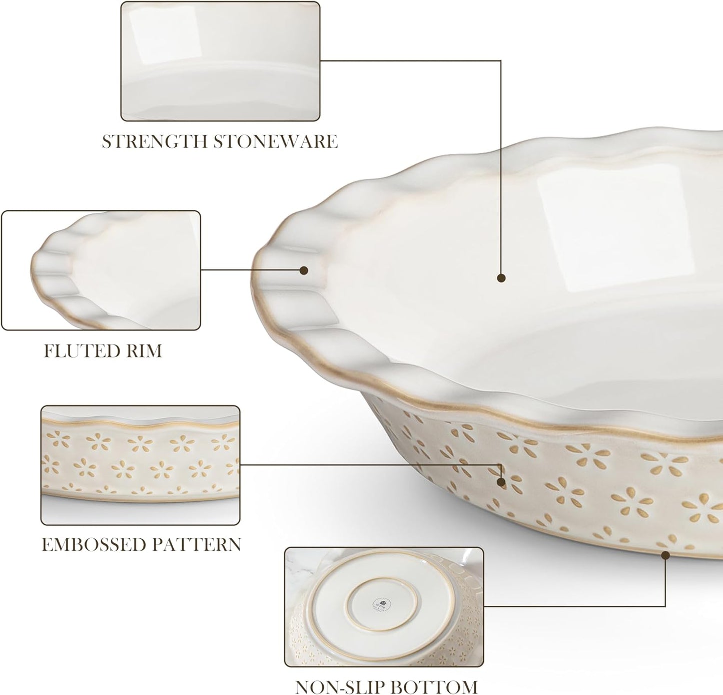 MALACASA 9 Inch Pie Pan, Embossed Deep Dish Plate, 45 OZ Round Quiche Baking Dish for Oven, Fluted for Apple Pie and Quiche, Set of 2, Series LYDIA