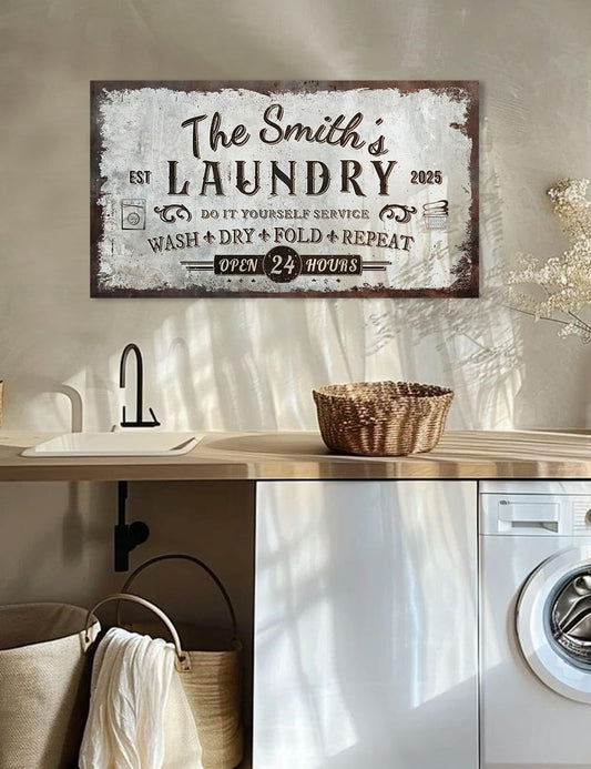 IPIC - Personalized Laundry Room Sign, Custom Large Canvas Wall Art with Family Name, Rustic Farmhouse Wall Decor and Accessories for Business and Home, Wash Dry Fold Repeat