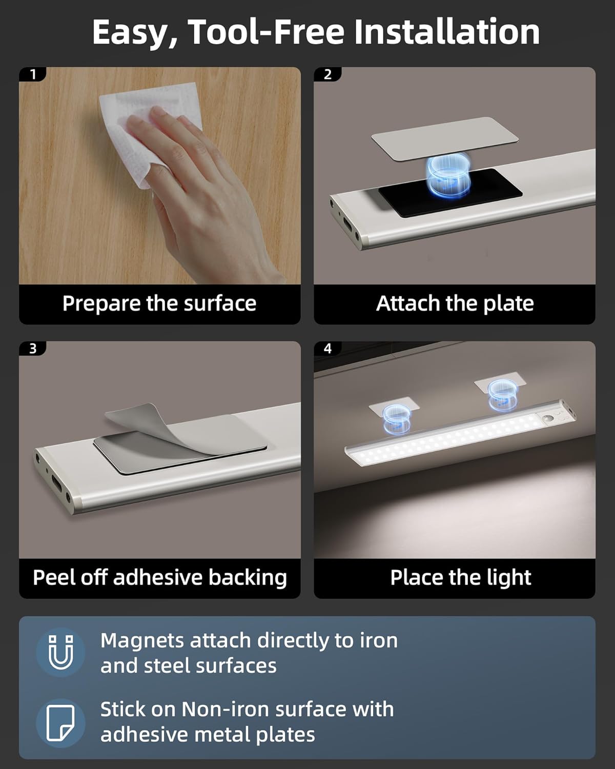 12inch Under Cabinet Lights, Motion Sensor Light Indoor 2200mAh Rechargeable Battery, Wireless, Magnetic, 5 Levels Dimmable Closet Lights, Under Counter Lights for Kitchen, Bathroom (2 Pack)