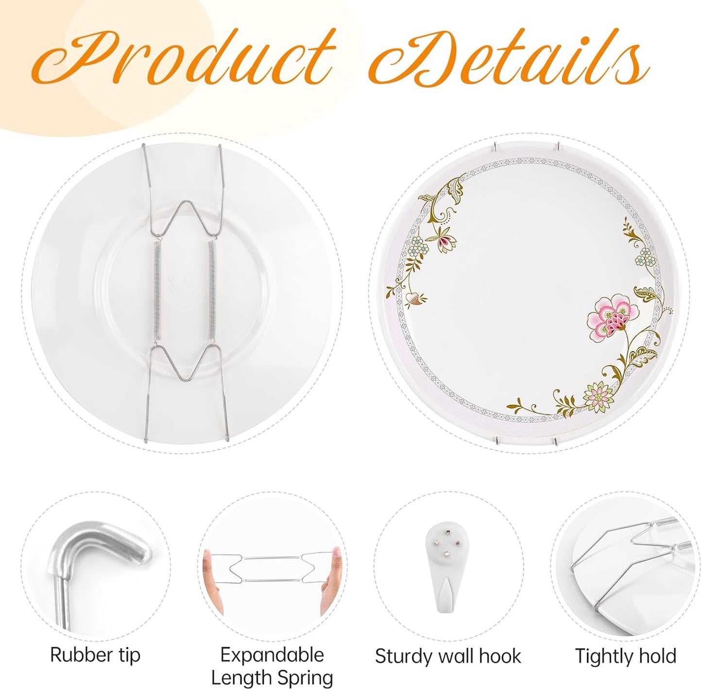 Bilillo 20 Pieces Stainless Steel Spring Plate Hangers for The Wall, 4/6/8/10 Inch Invisible Wire Holders with 20 Pcs Wall Hooks, Fit 4-11 Inch Decorative Plates, Platters & Dishes (Silver)