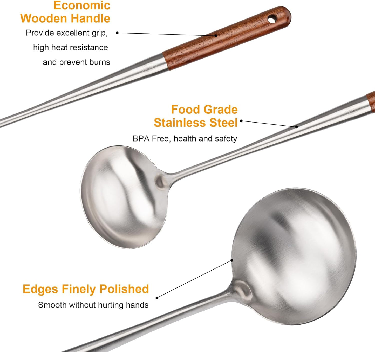 FJNATINH Soup Ladle, Metal Ladle Stainless Steel for Soup Sauces, Kitchen Ladle Spoon with Heat-proof Wooden Handle, Easy to Clean