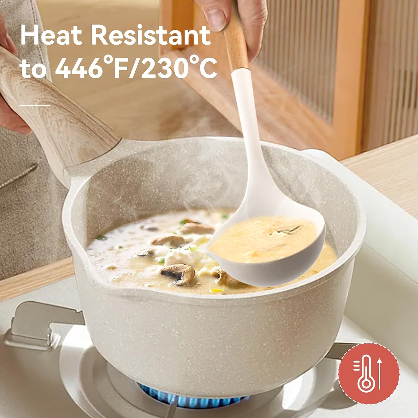 Kitchen Utensils Set, Large Non-stick Silicone cooking utensils set 6 Pcs, Wooden Handle Heat Resistance Silicone Spatula Soup Ladle Pasta Server Kitchen Gadgets Utensils Set BPA Free (White)