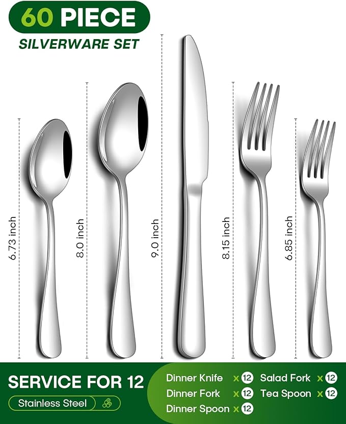60 Piece Silverware Set, Stainless Steel Flatware Set for 12 Food Grade Cutlery Utensil Set Include Knife Fork Spoon Mirror Polished Dishwasher Safe