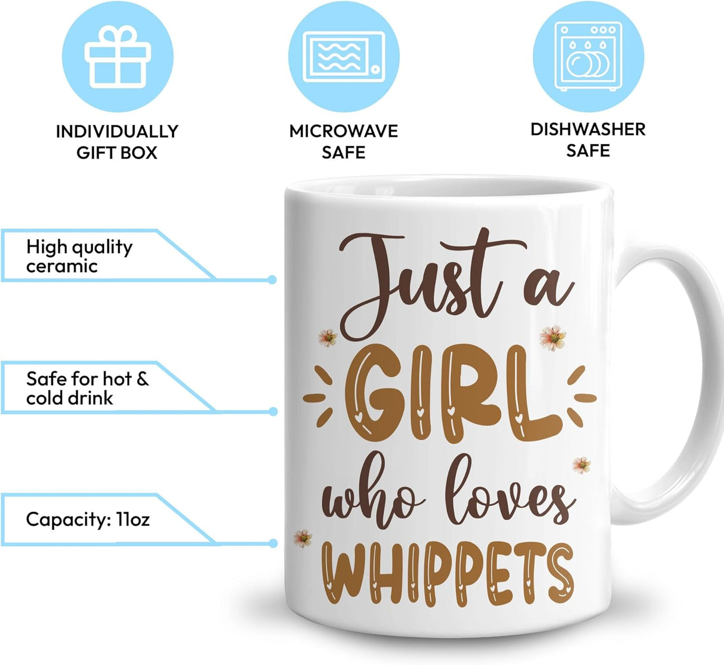 Hyturtle Personalized Gifts Whippet Lover - Just A Girl Who Loves Whippets Custom Name Ceramic Coffee Mug Cup 11oz - Idea Cute Dog Lover Gifts For Women, Girl Daughter On Birthday, Christmas