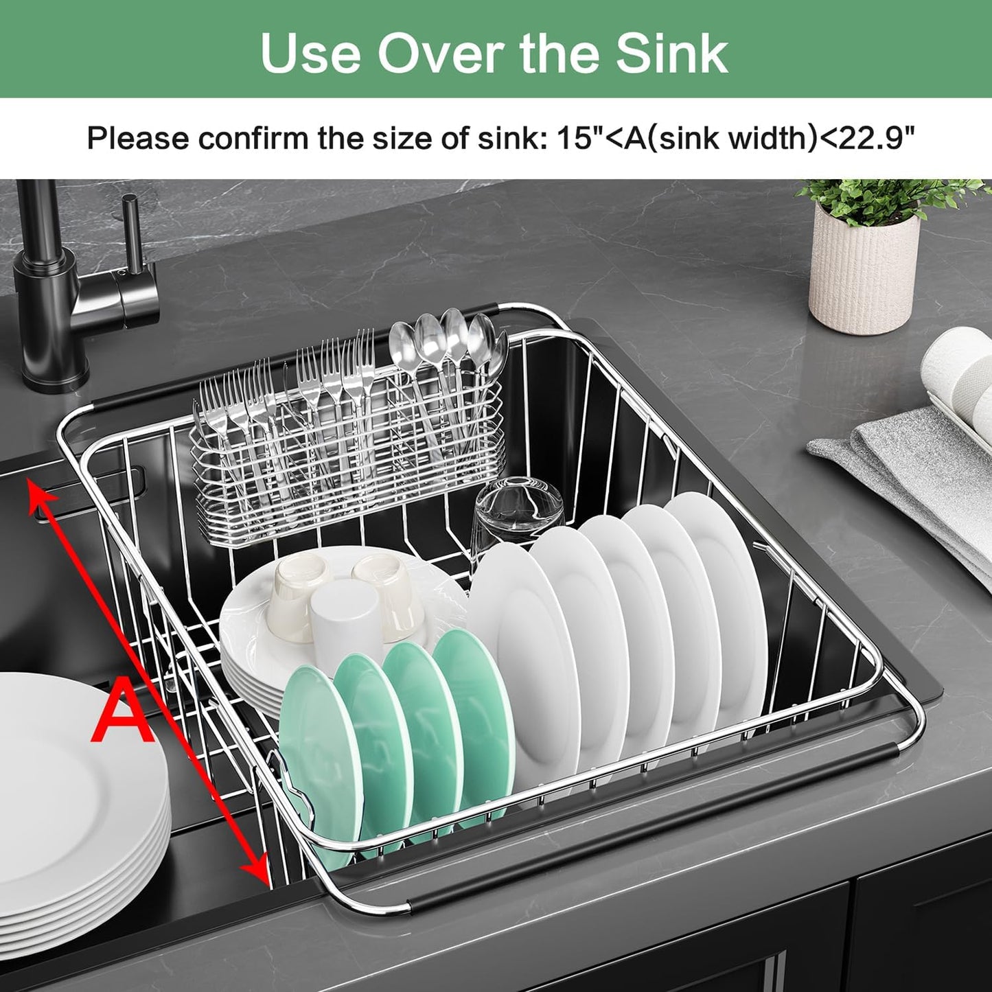 Large Sink Dish Drying Rack, Expandable 304 Stainless Steel Metal Dish Drainer Rack Organizer Shelves with Stainless Steel Utensil Holder Over Inside Sink, Rustproof