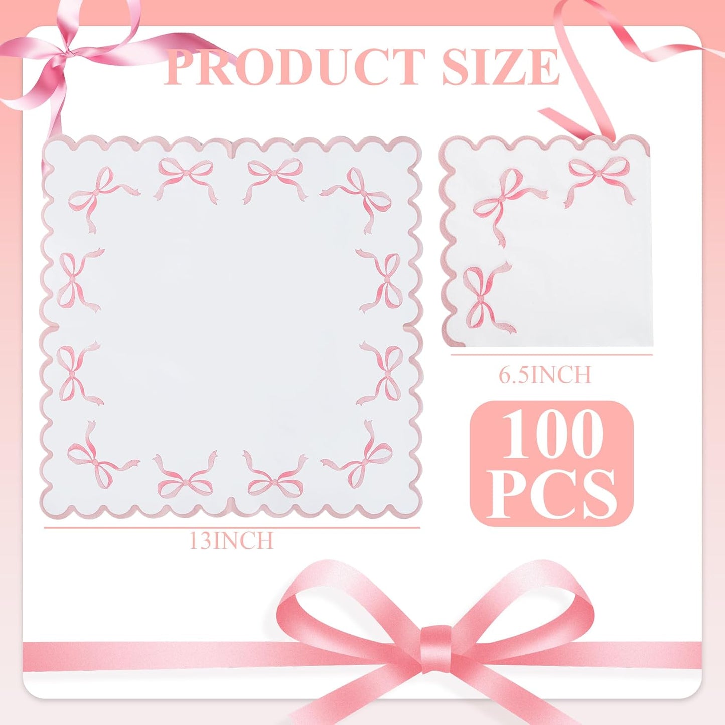 100 Pink Bow Paper Napkins Coquette Cute Disposable Party Napkins 6.5" Scalloped Edge White Pink Hand Towels for Birthday Bridal Bachelorette Party Supplies