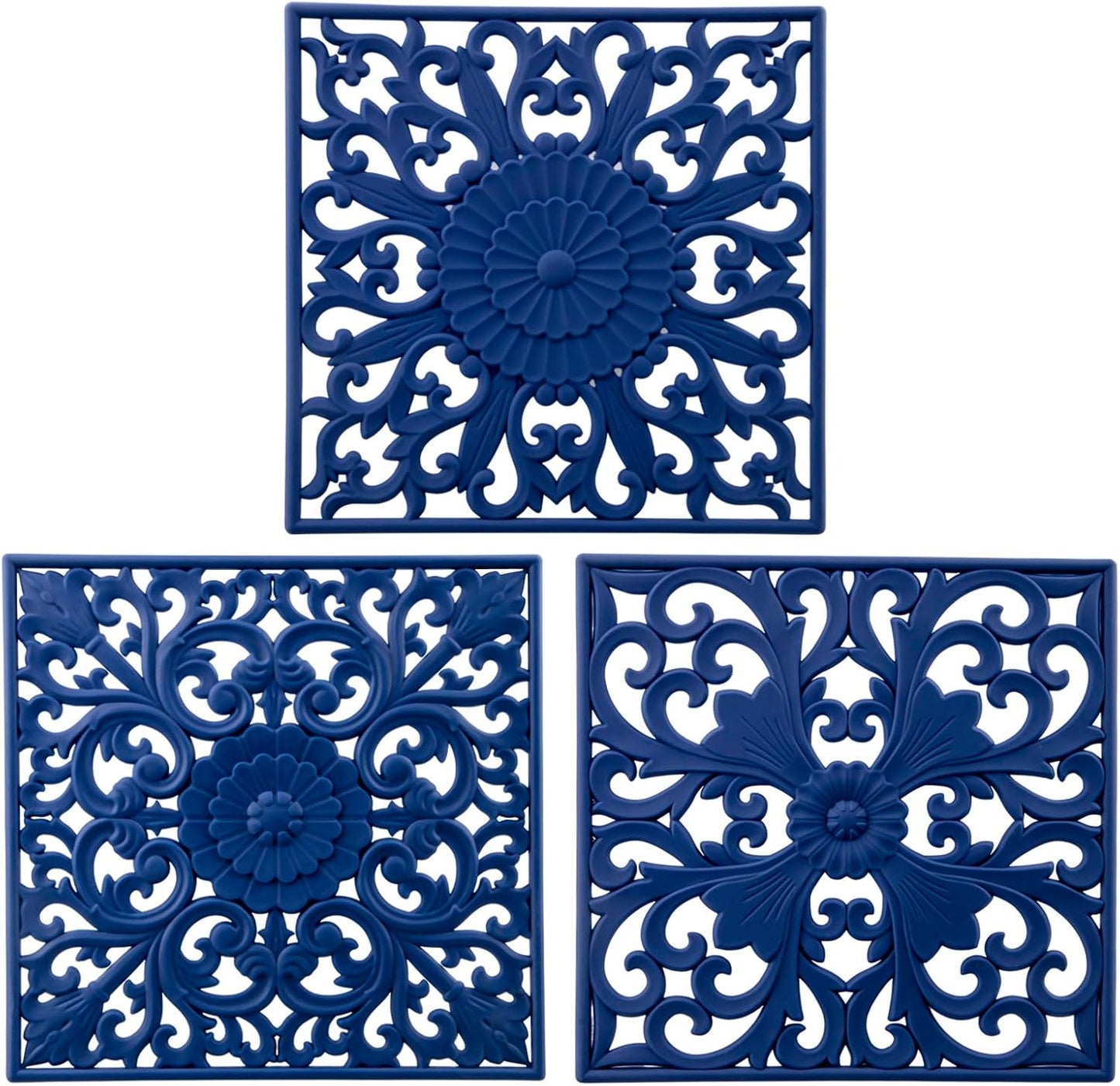 Silicone Trivets for Hot Dishes-Pots&Pans, Multi-Use Carved Trivet Mat, Insulated Silicon Mats, Flexible Square Trivet for Countertop&Tabletop, Silicone Pot Holders Hot Pads Set 3 Blue