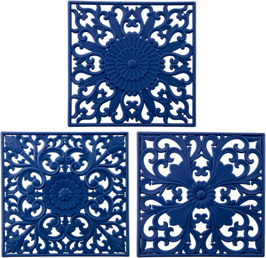 Silicone Trivets for Hot Dishes-Pots&Pans, Multi-Use Carved Trivet Mat, Insulated Silicon Mats, Flexible Square Trivet for Countertop&Tabletop, Silicone Pot Holders Hot Pads Set 3 Blue