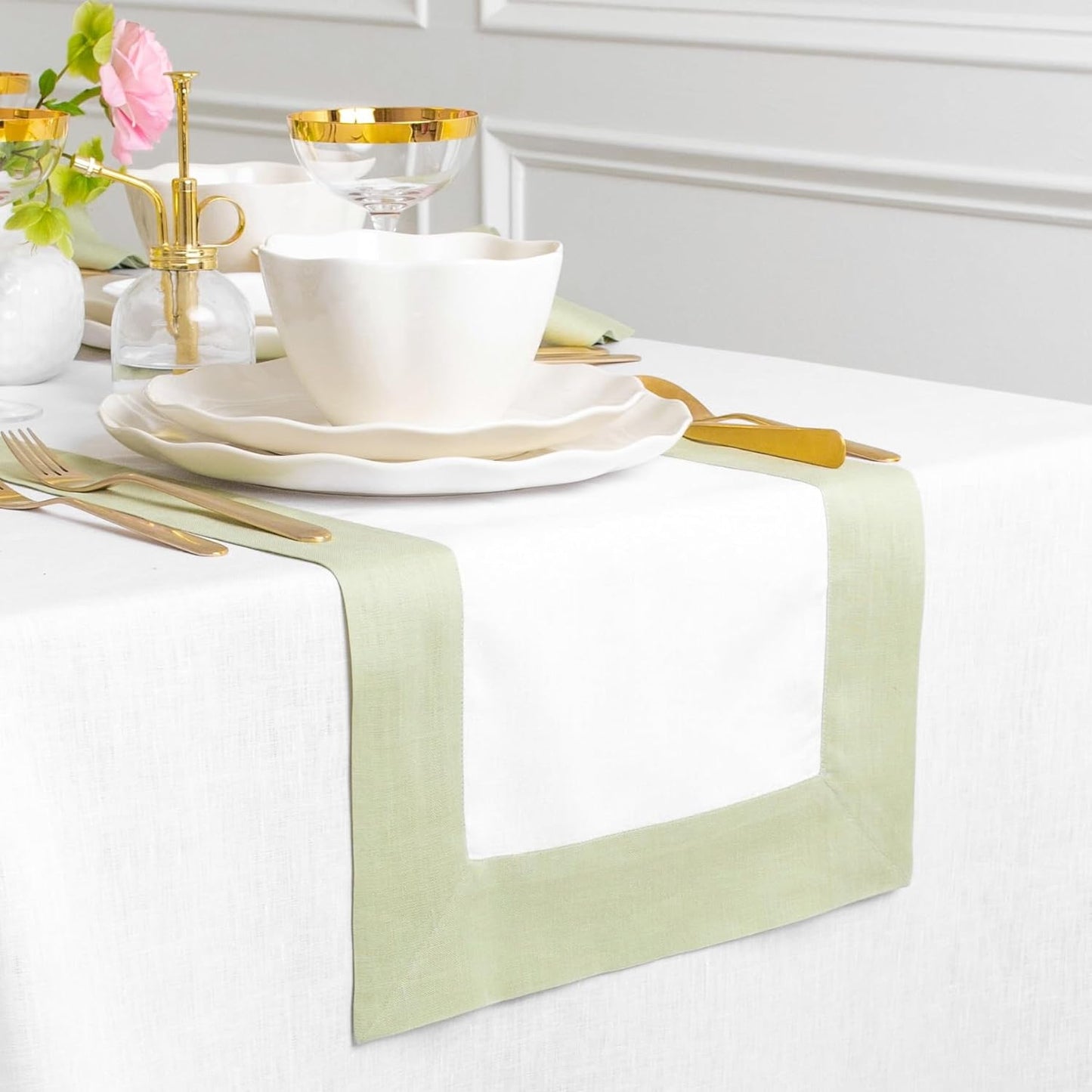 Solino Home Linen Table Runner 60 Inches - 100% Pure Linen Sage Green and White Table Runner 14 x 60 Inch Ideal for Dresser and Coffee Tables - Fall, Autumn, Thanksgiving, Christmas - Contempo
