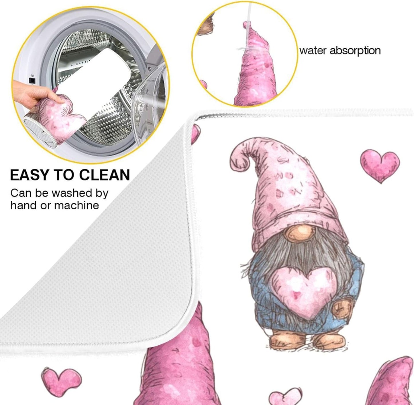 Cute Gnomes with Pink Hats Dish Drying Mat Super Absorbent Drying Mat 18x24 inch Large Dish Drying Mats for Kitchen Counter Dish Drying Pads Kitchen Drying Matt for Countertop