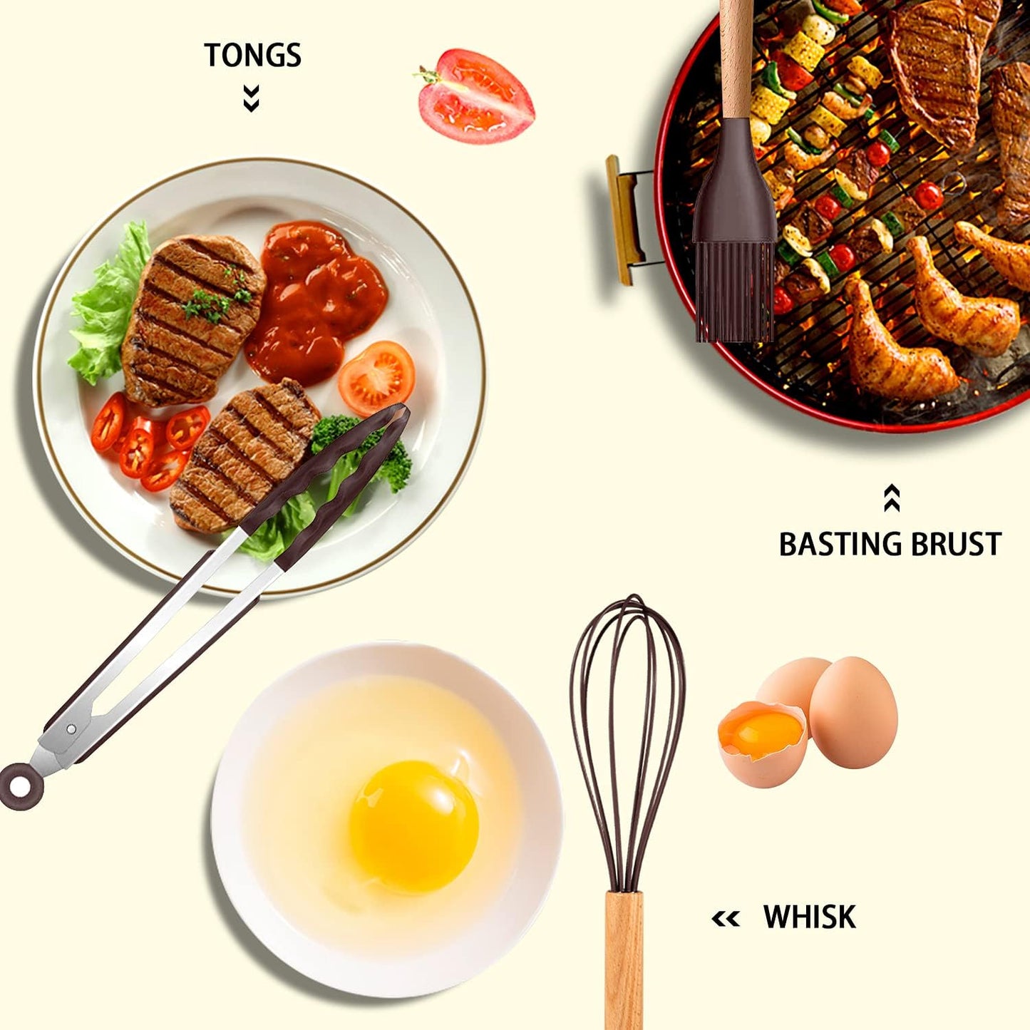 MIBOTE Silicone Cooking Kitchen Utensils Set with Holder, Wooden Handles BPA Free Non Toxic Silicone Turner Tongs Spatula Spoon Kitchen Gadgets Utensil Set for Nonstick Cookware (Coffee)